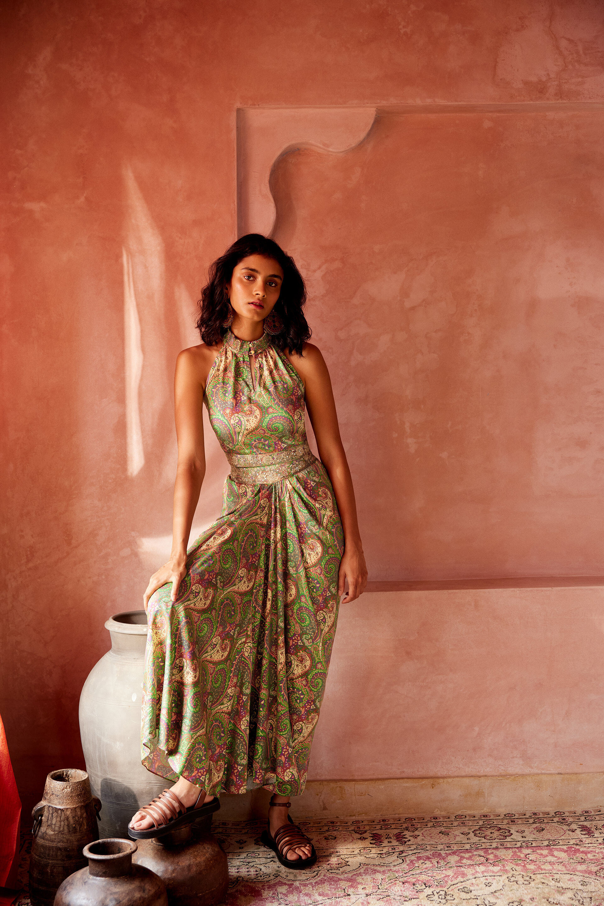 Green Motif Print Drape Skirt Set, Green, image 2